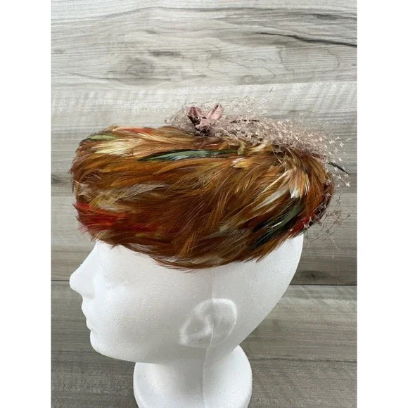 1950s VTG Feather Turban Hat by Mr. Michael Exclusive Satin Bow Multicolor Retro